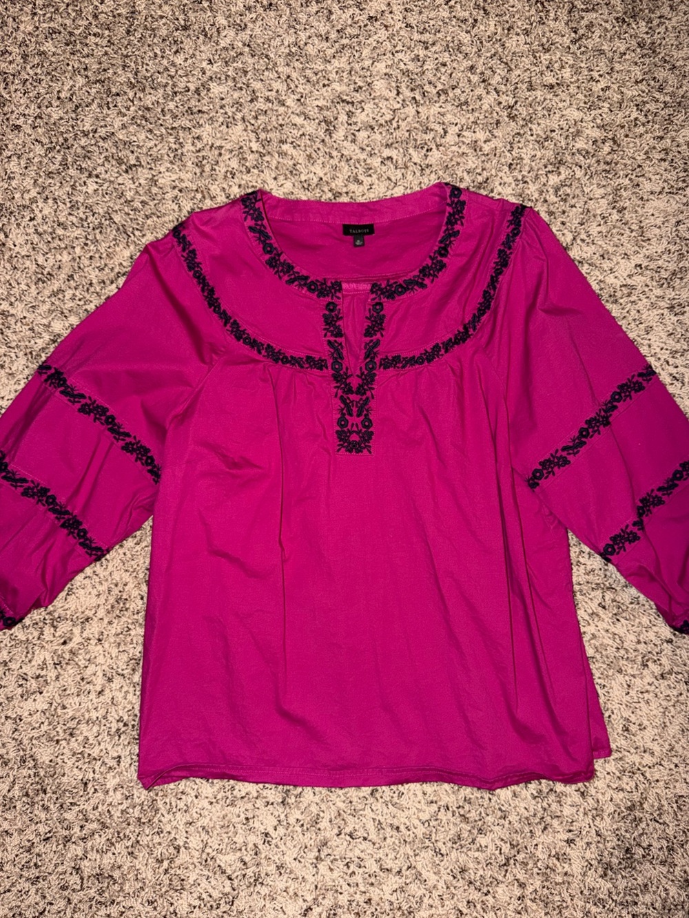 Talbots Magenta Peasant Blouse with Black Embroidery 3/4 sleeve XL